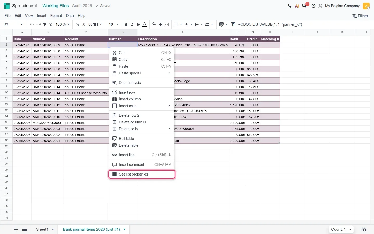 Spreadsheet context menu with See list properties