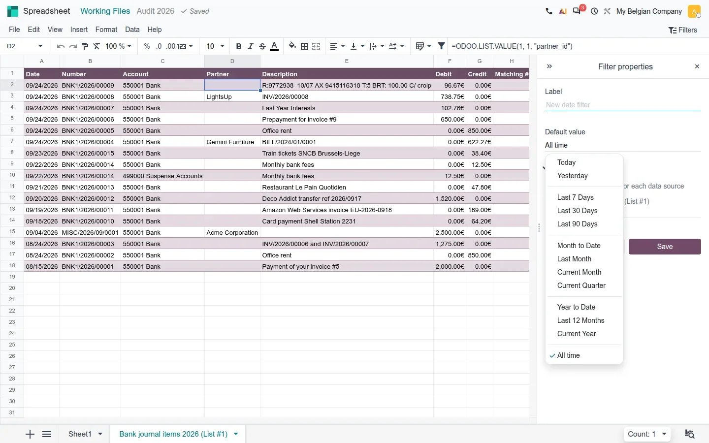 Date filter default value options
