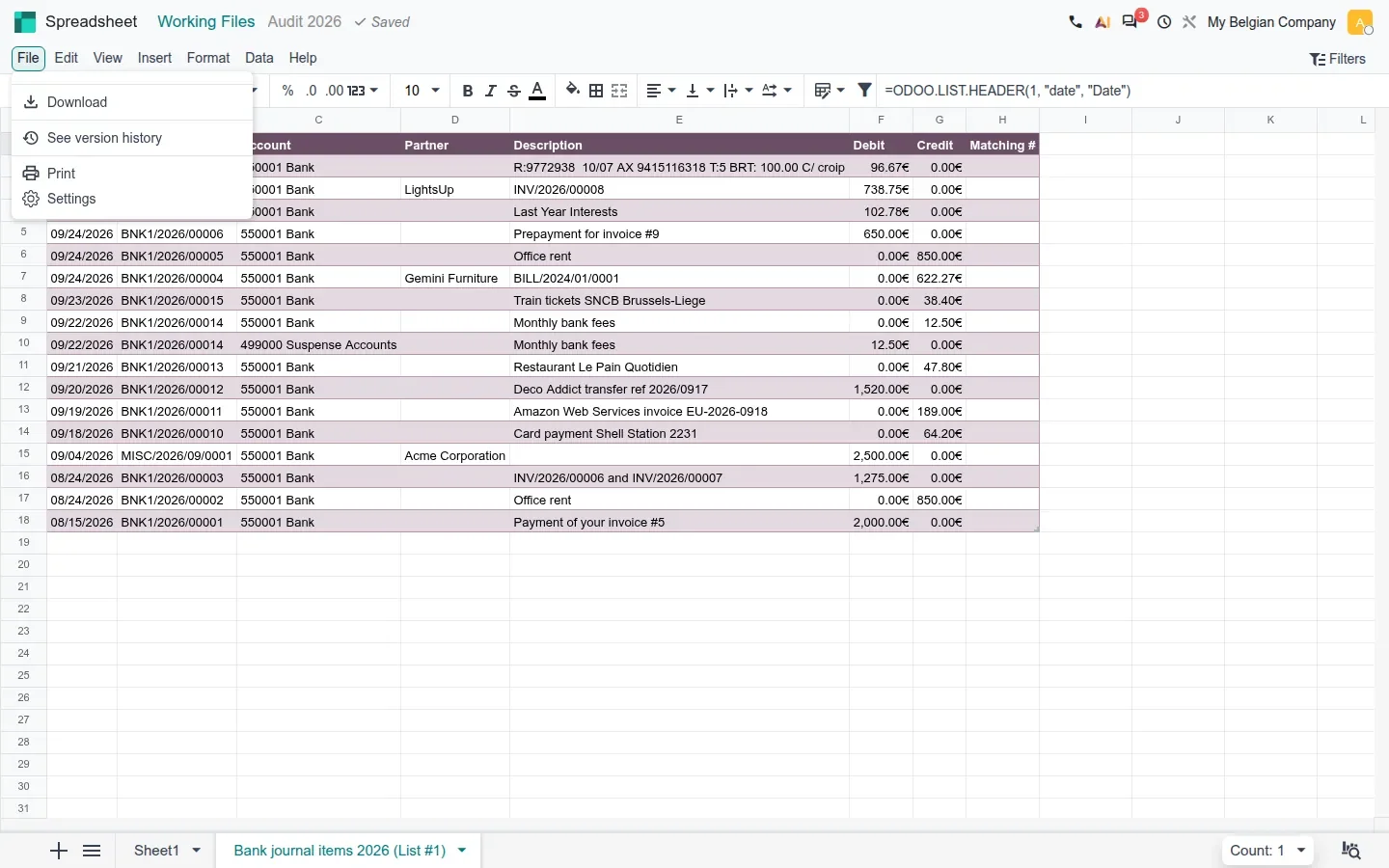 Spreadsheet File menu