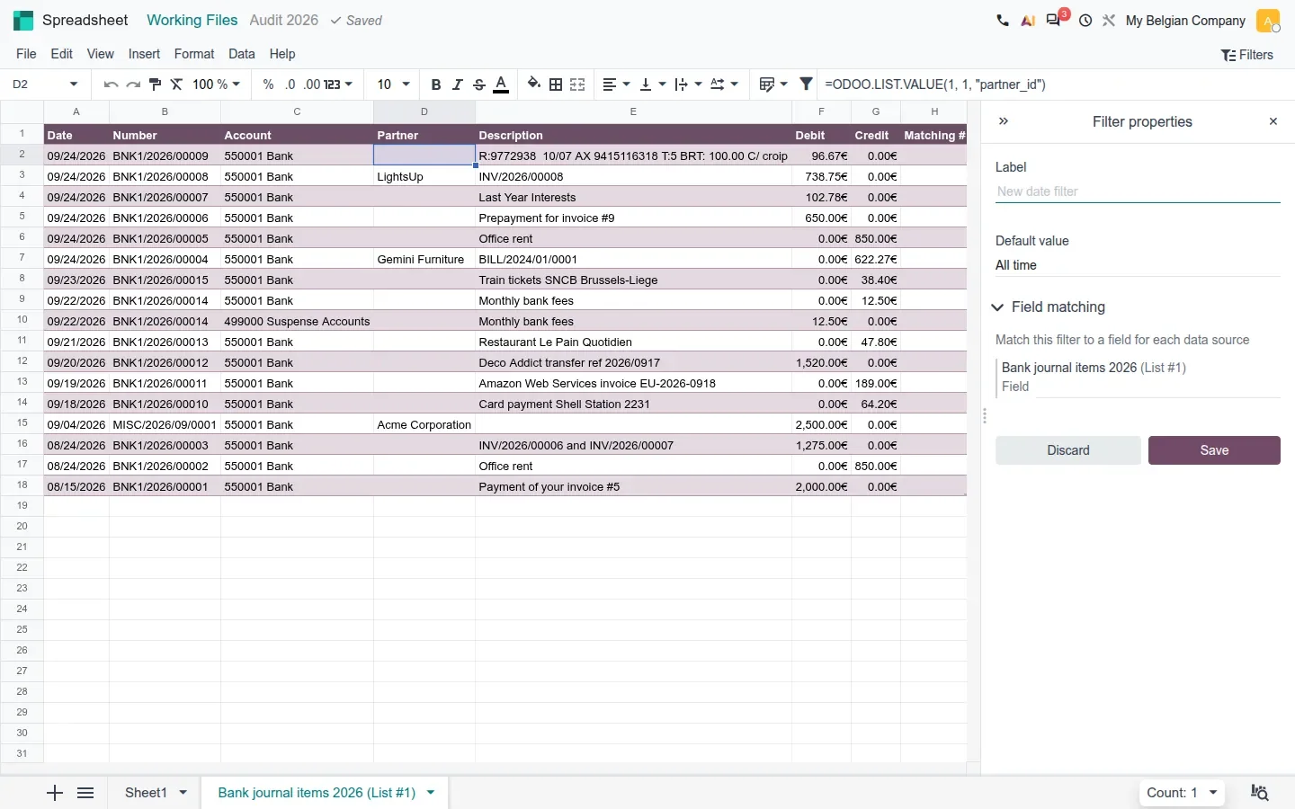 Date filter properties panel