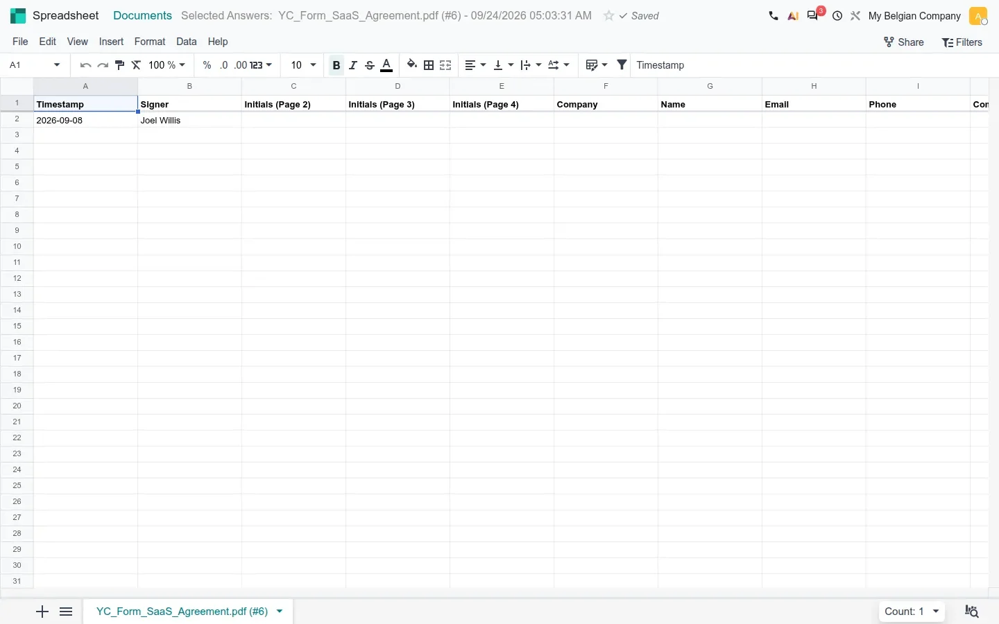 Spreadsheet of exported signature answers