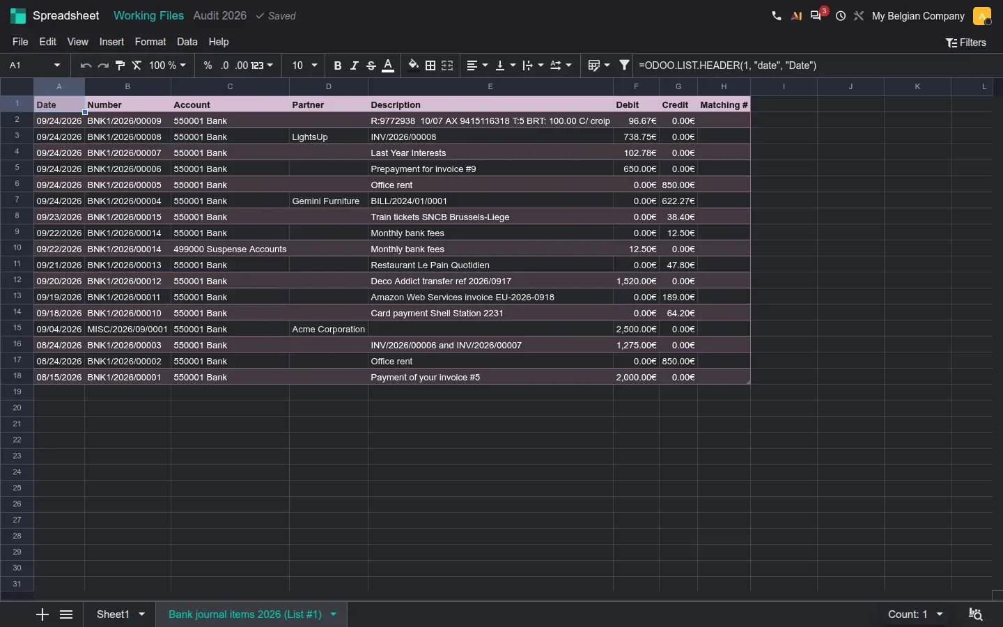 Working file spreadsheet in dark mode