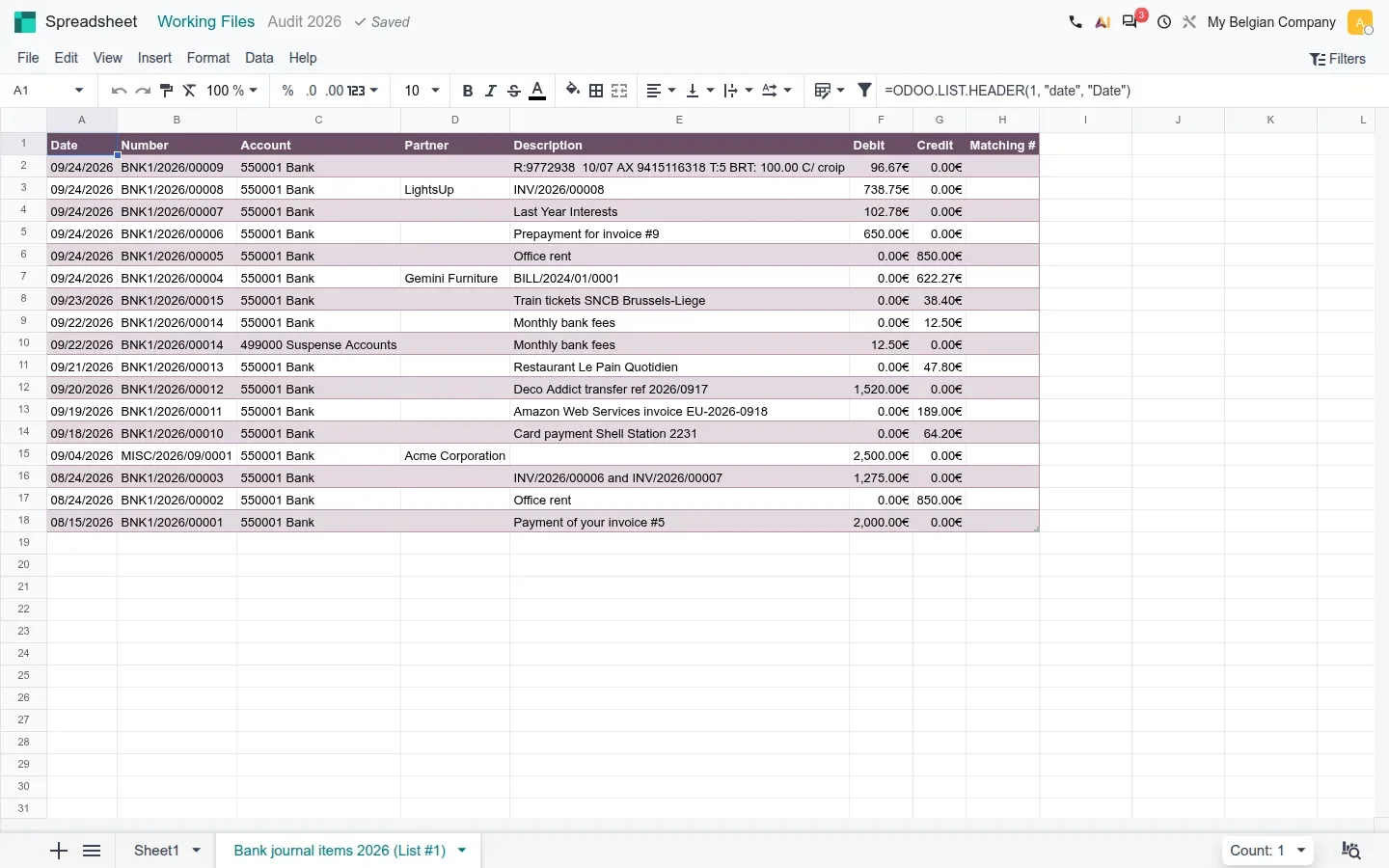 Audit working file spreadsheet