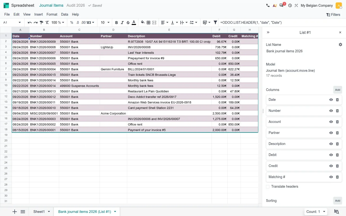 Working file spreadsheet with inserted journal items