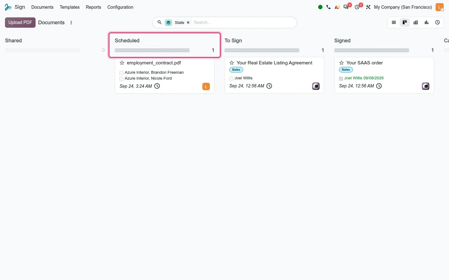 Kanban columns Shared, Scheduled, To Sign, Signed
