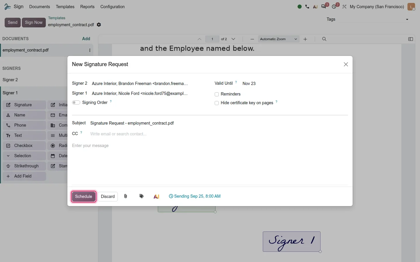 Send dialog with Schedule button highlighted