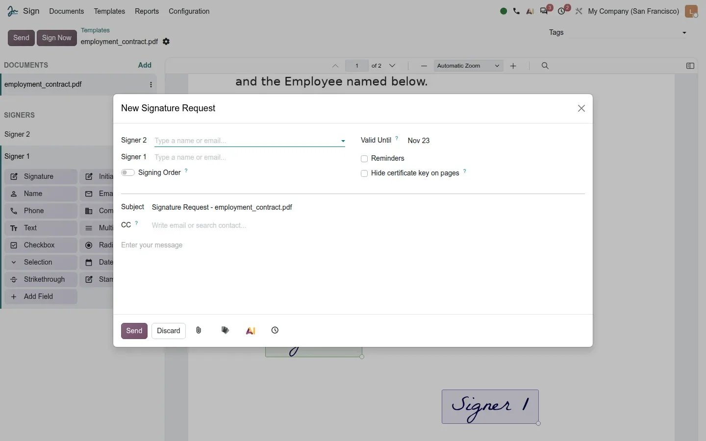 New Signature Request dialog