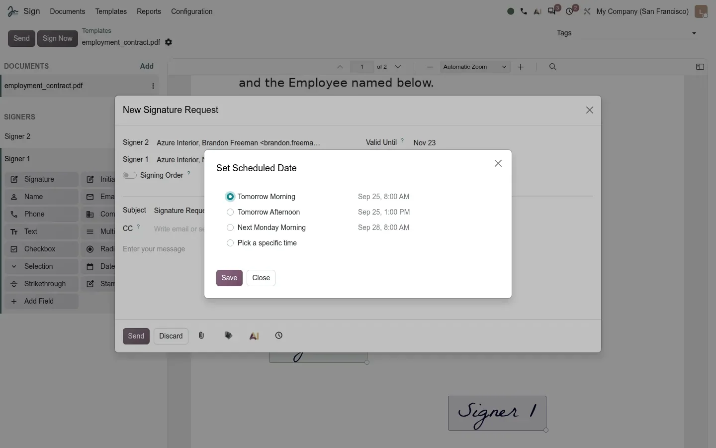 Scheduling dialog over the send dialog