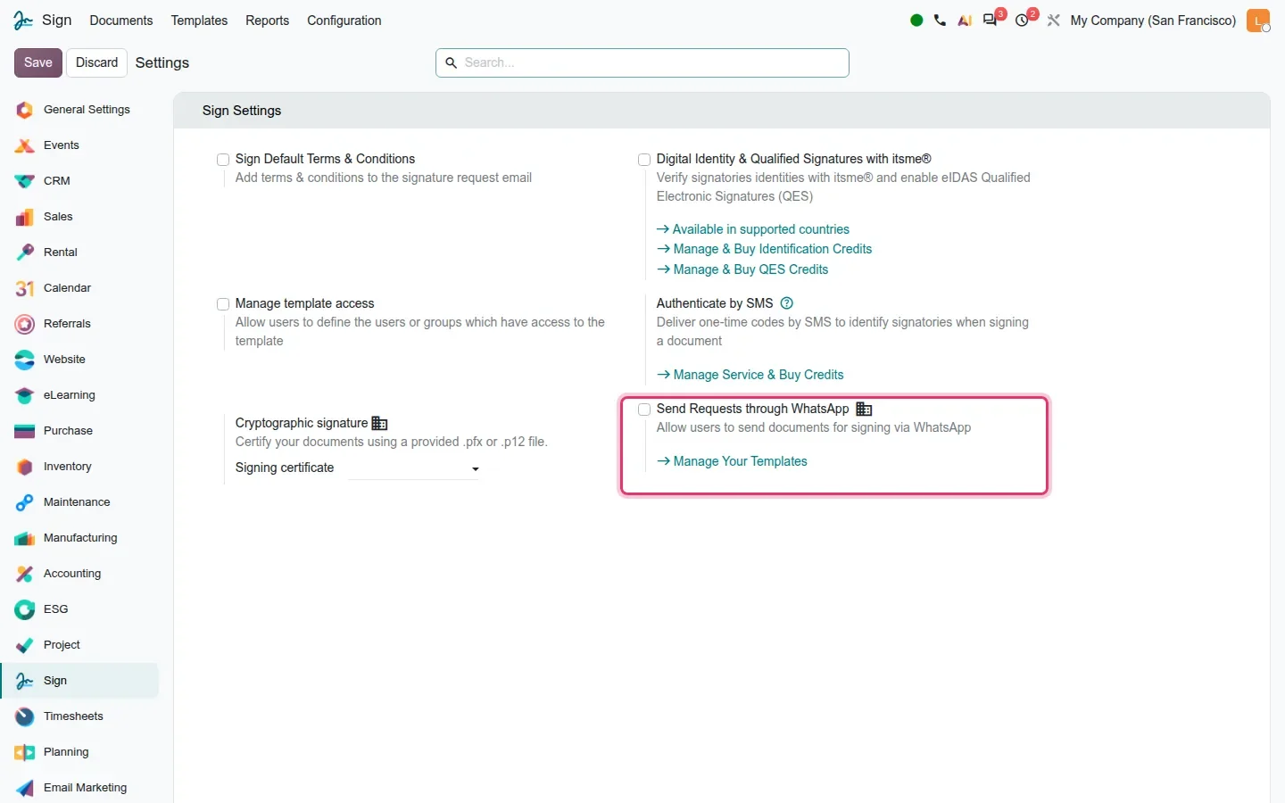 Settings with WhatsApp option and Manage Your Templates link