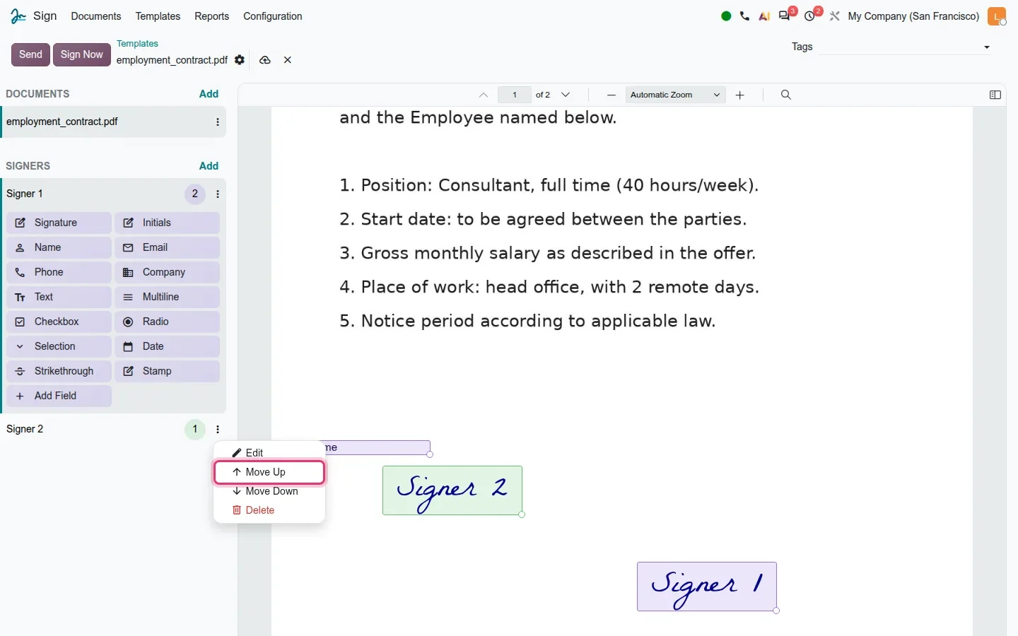 Signer 2 menu open with Move Up highlighted