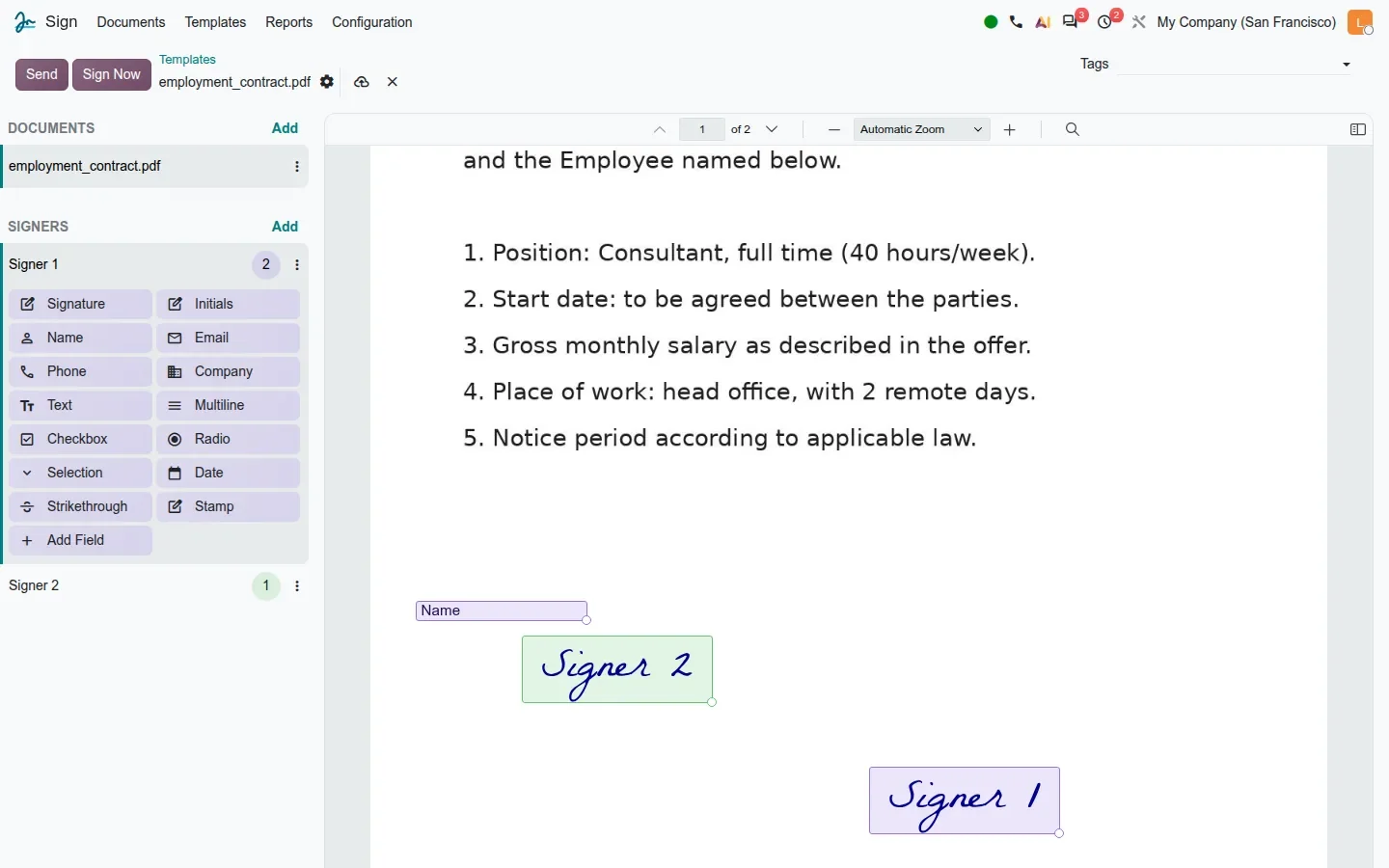 Editor with Signer 1 field palette and Name/Signature fields placed for two signers