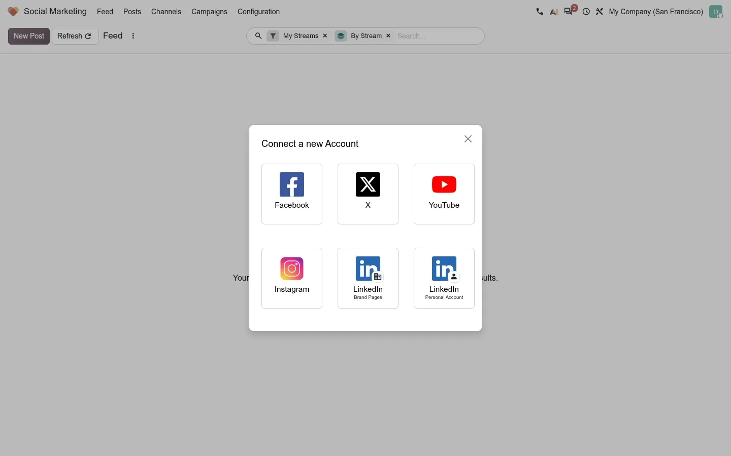Dialog with six network tiles including two LinkedIn options