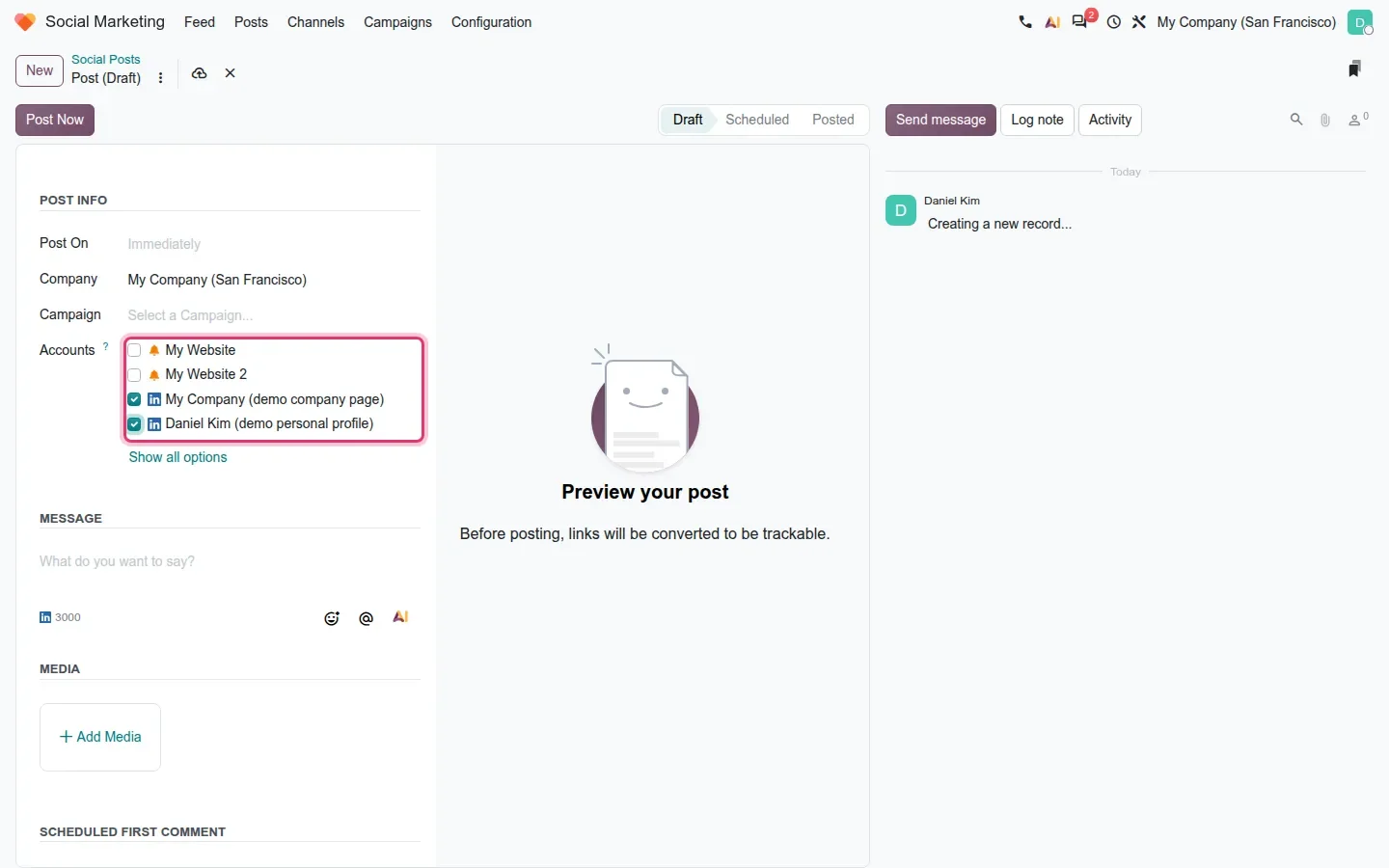 Post form with the Accounts checkboxes highlighted