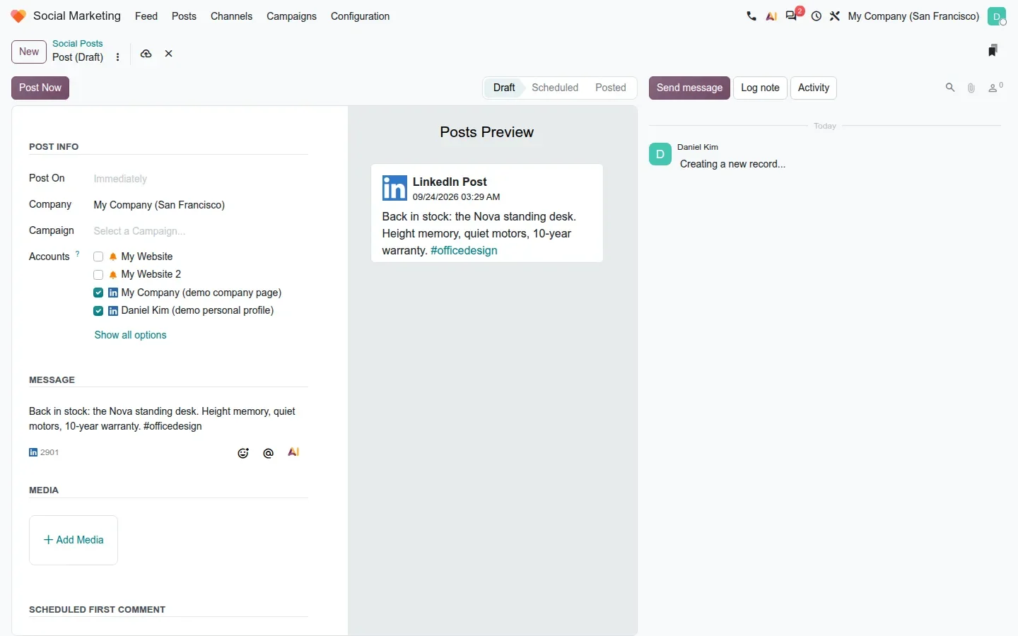Post form with a LinkedIn counter under the message and a preview card