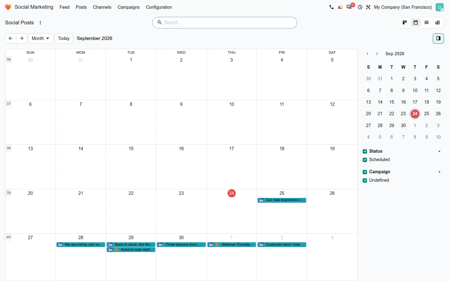 Month calendar with LinkedIn and push notification icons on posts
