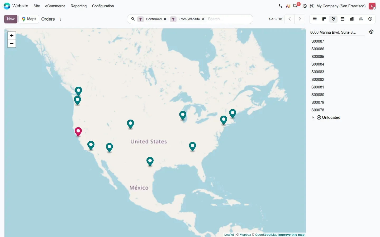 Website > eCommerce > Orders in Map view, with pins across the United States and the order list on the right.