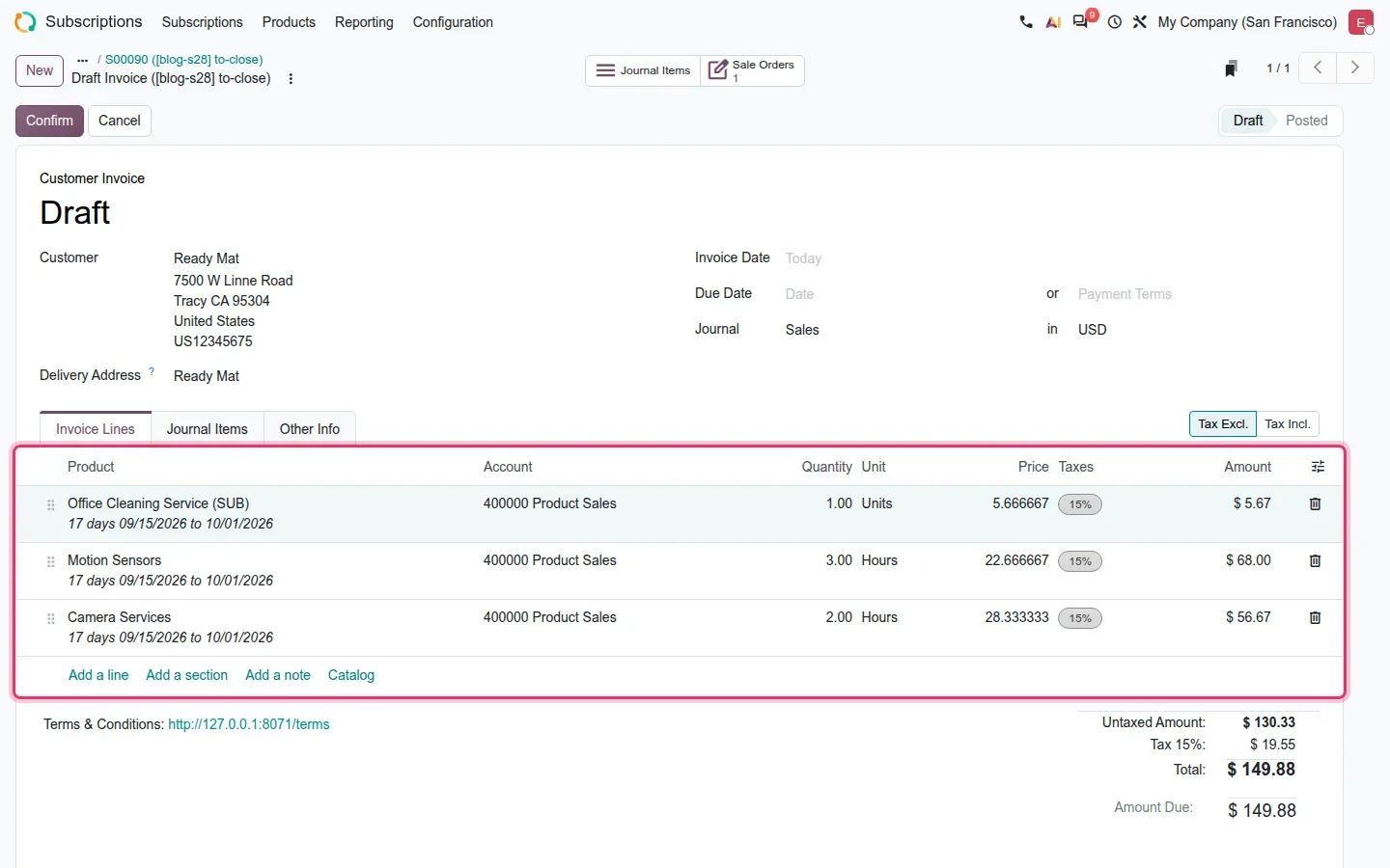 Draft invoice lines, each described as "17 days 09/15/2026 to 10/01/2026", with prorated unit prices and a total of $149.88.