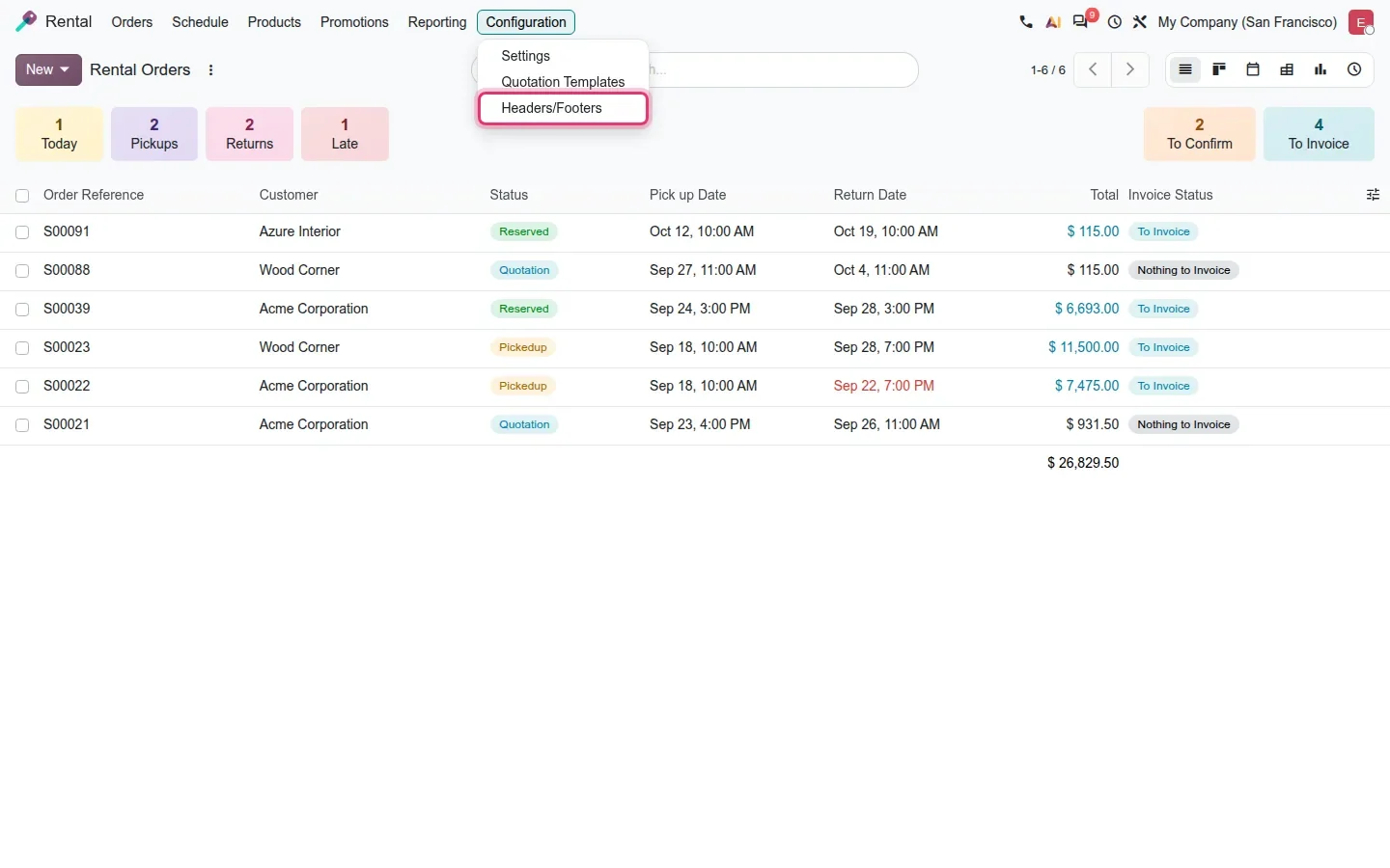 Rental > Configuration menu open, with Headers/Footers highlighted under Settings and Quotation Templates.