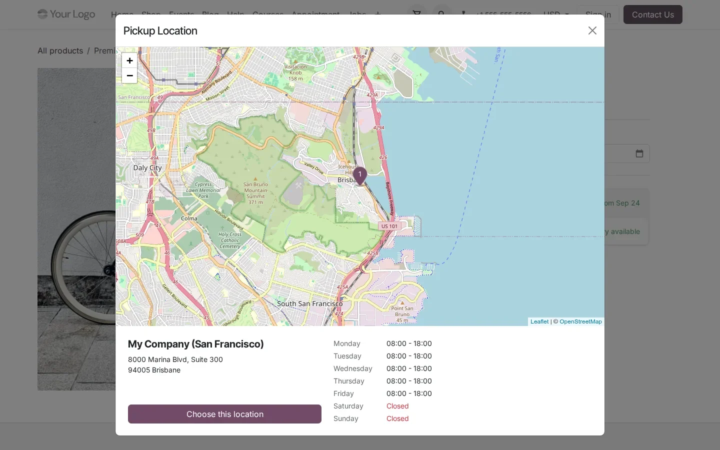 Pickup Location dialog with a map of Brisbane CA, the store address, weekday hours 08:00-18:00, and a "Choose this location" button.