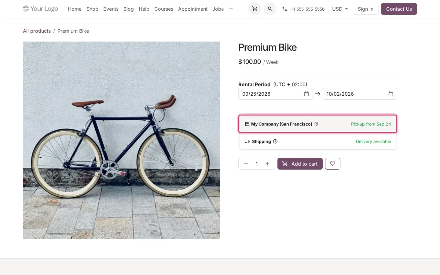 Premium Bike product page with the rental period picker and a "My Company (San Francisco) - Pickup from Sep 24" option highlighted.