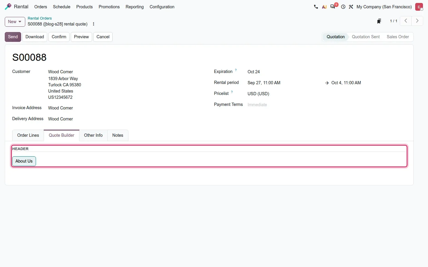 Rental quotation S00088 with the Quote Builder tab open and the "About Us" header selected.