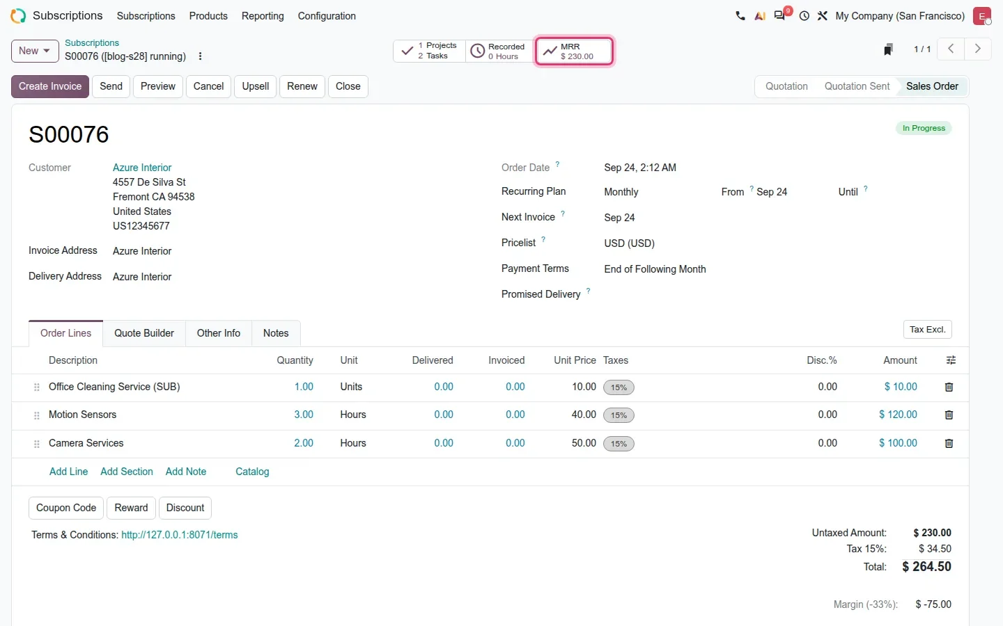 Confirmed subscription S00076 with the MRR $230.00 smart button highlighted.