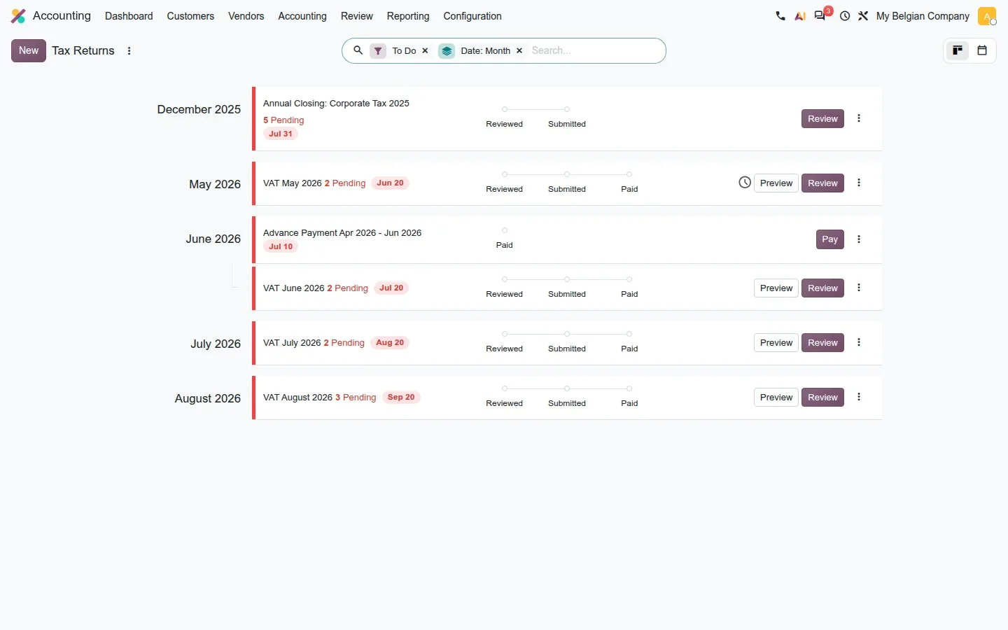 Odoo 20 Tax Returns kanban listing Belgian VAT returns by month with Review and Pay buttons