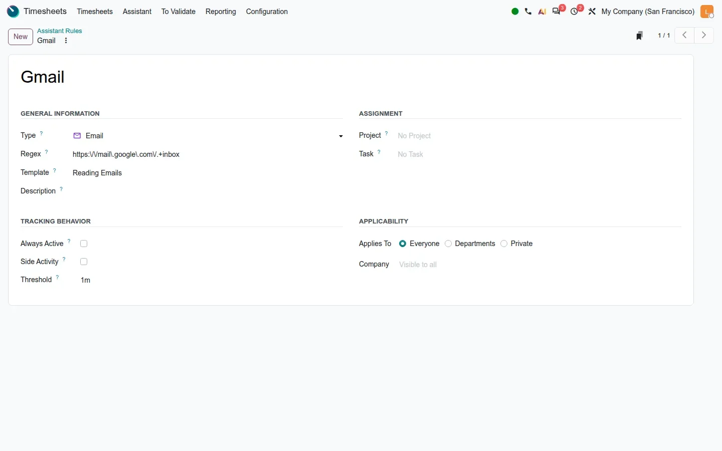 Rule form: type Email, regex, template Reading Emails, Always Active, Side Activity, Threshold 1m, Applies To
