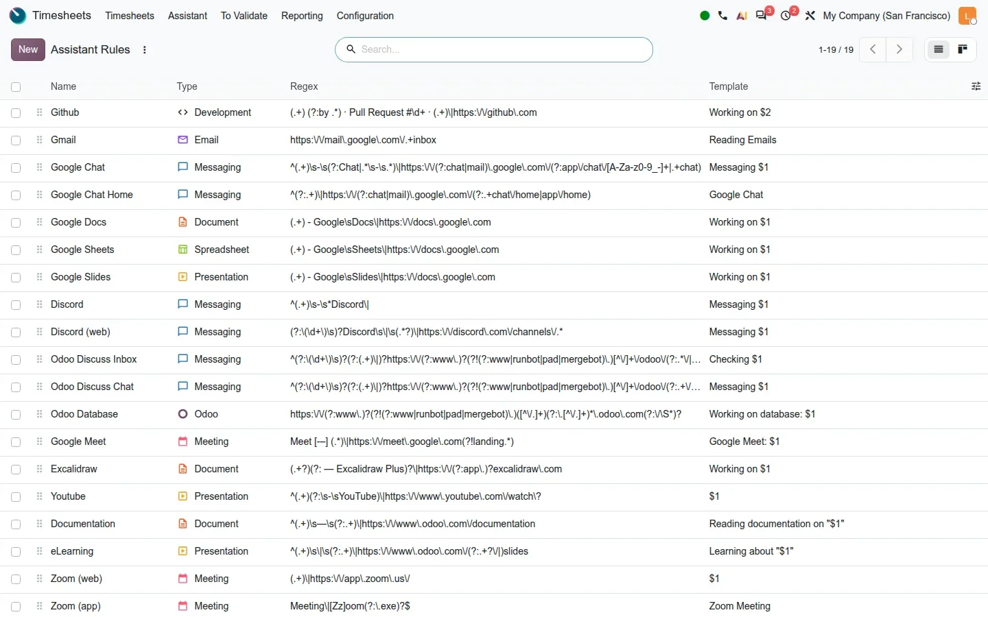 Rules list with name, type, regex and template