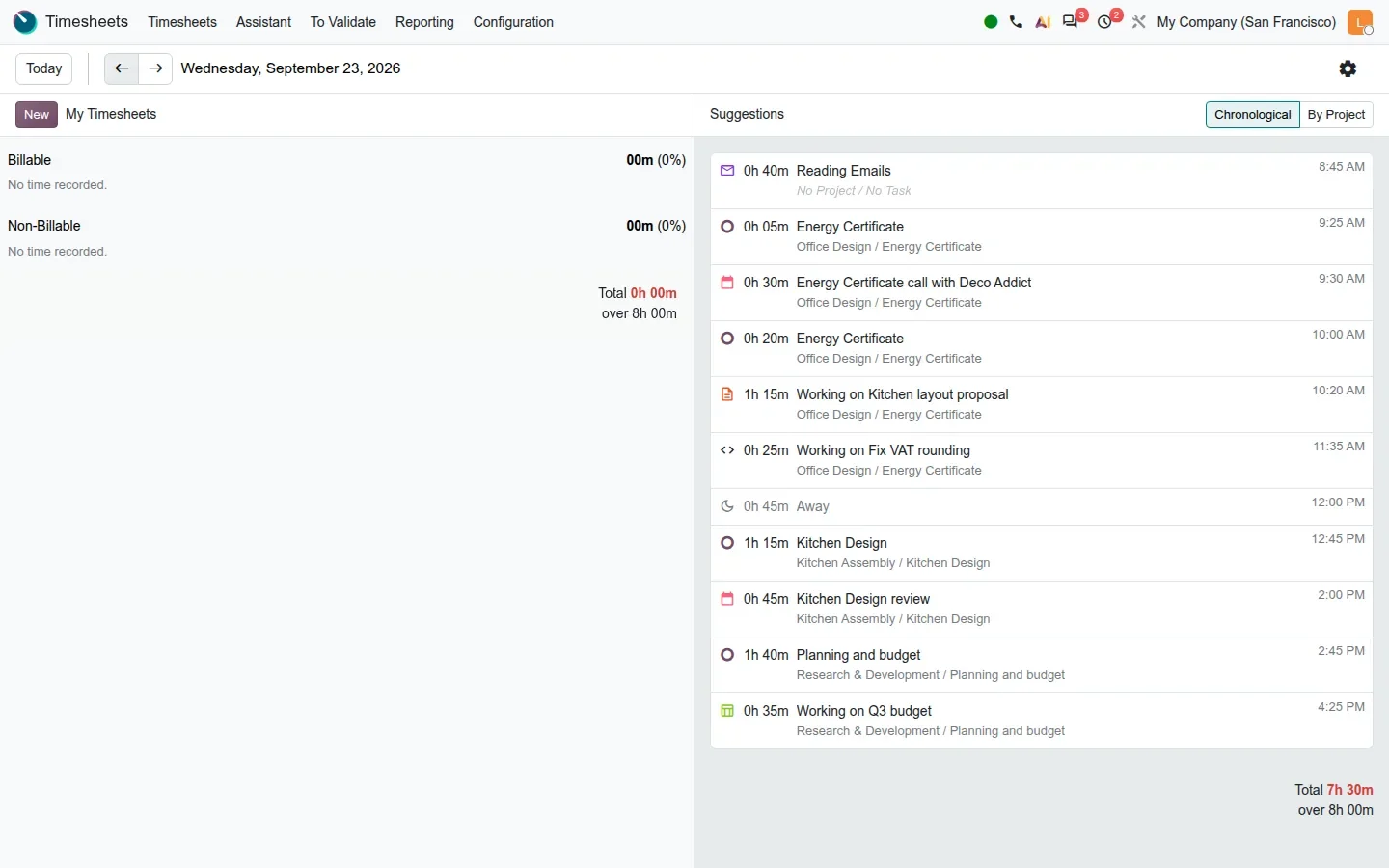 Suggestions from activity, meetings and Odoo tasks with durations and project/task