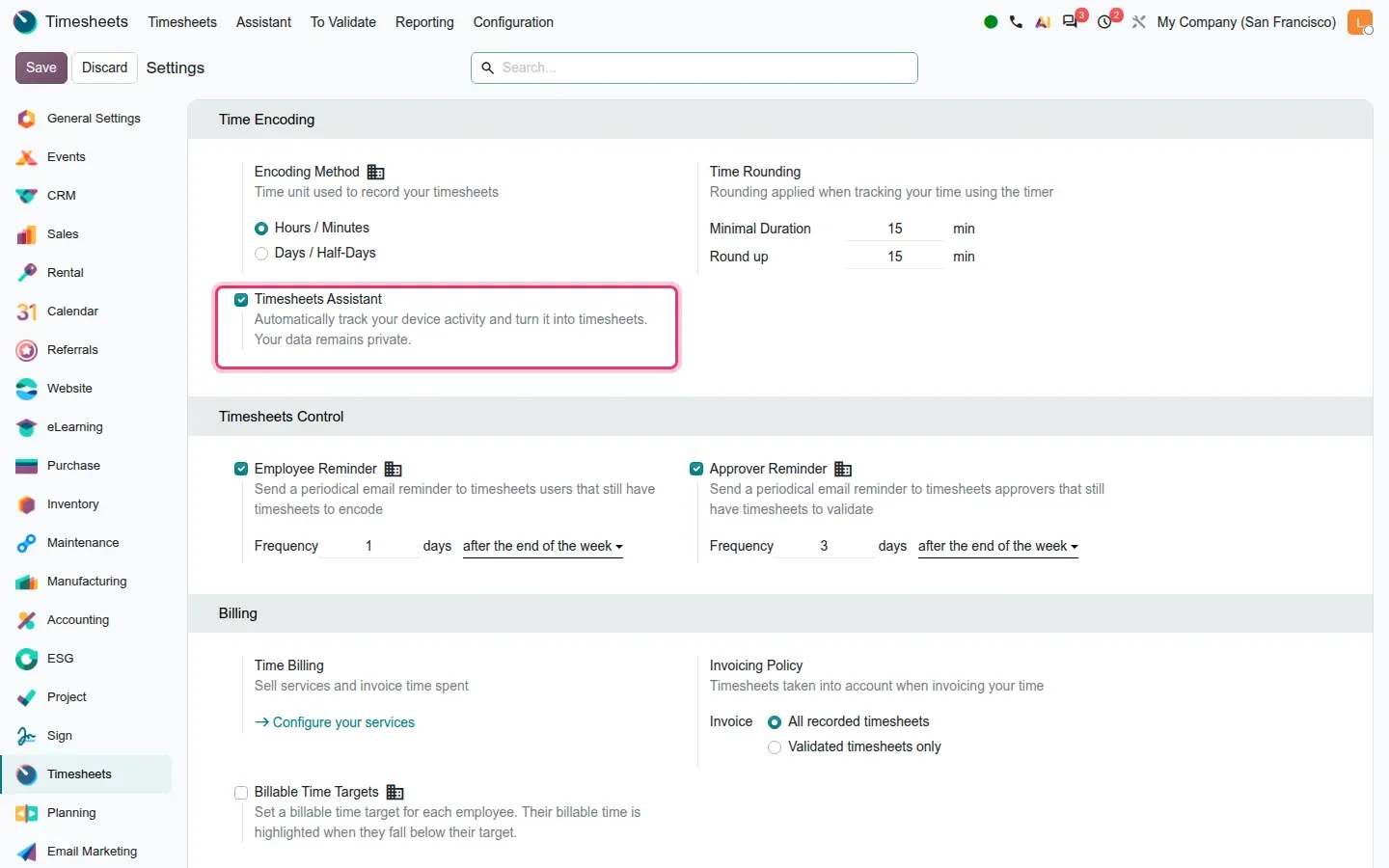 Settings with "Timesheets Assistant - Automatically track your device activity" ticked