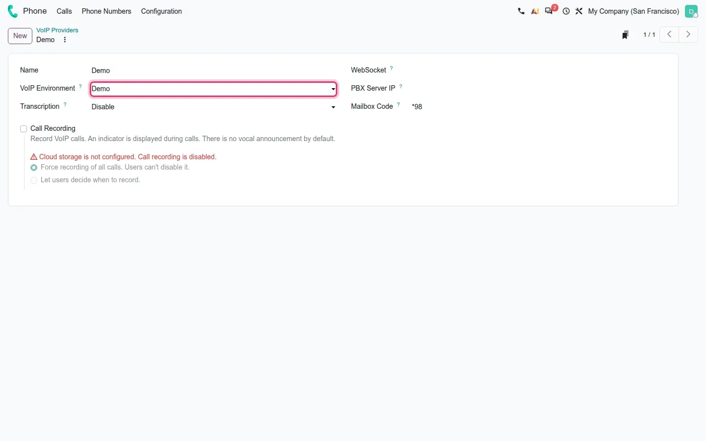 VoIP provider form with the VoIP Environment field highlighted
