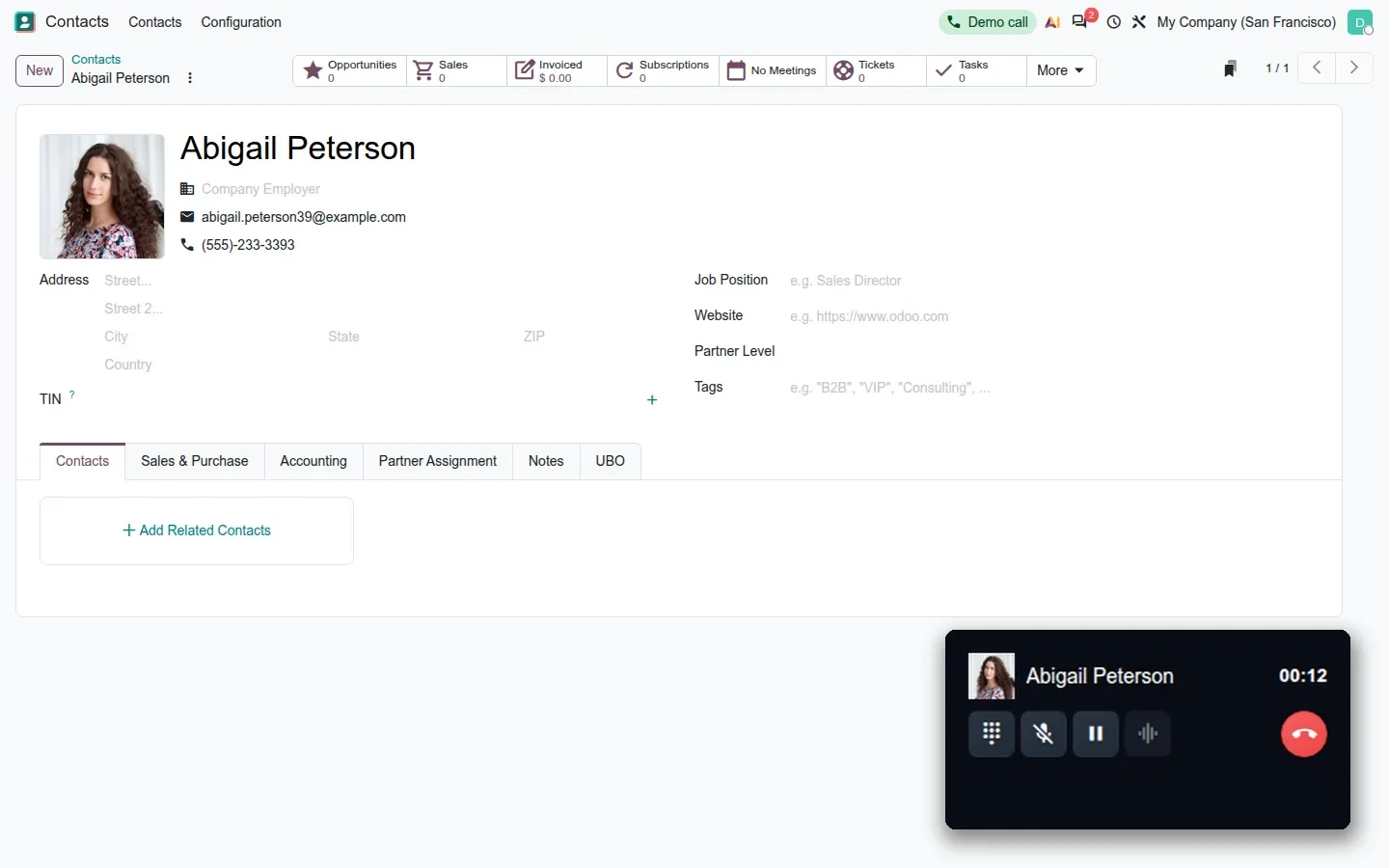 Contact form with a small floating call window in the bottom-right corner