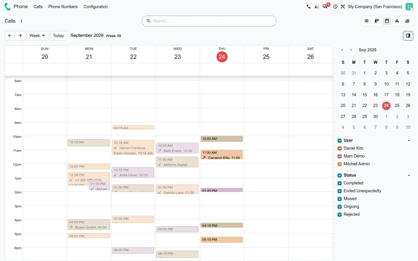 Weekly calendar of logged calls in three colours