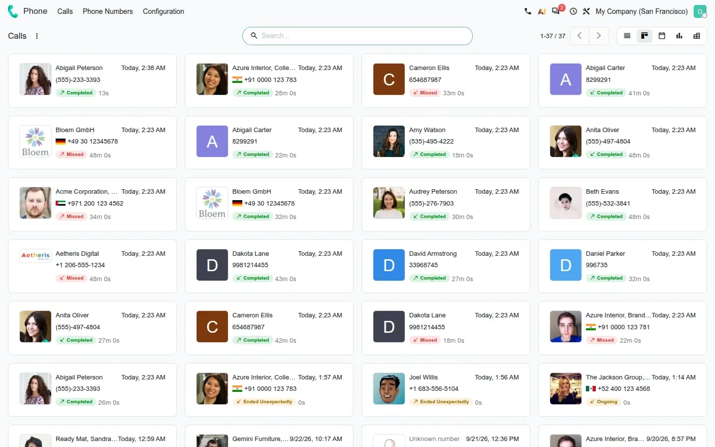 Kanban cards of calls with contact photos, numbers and status