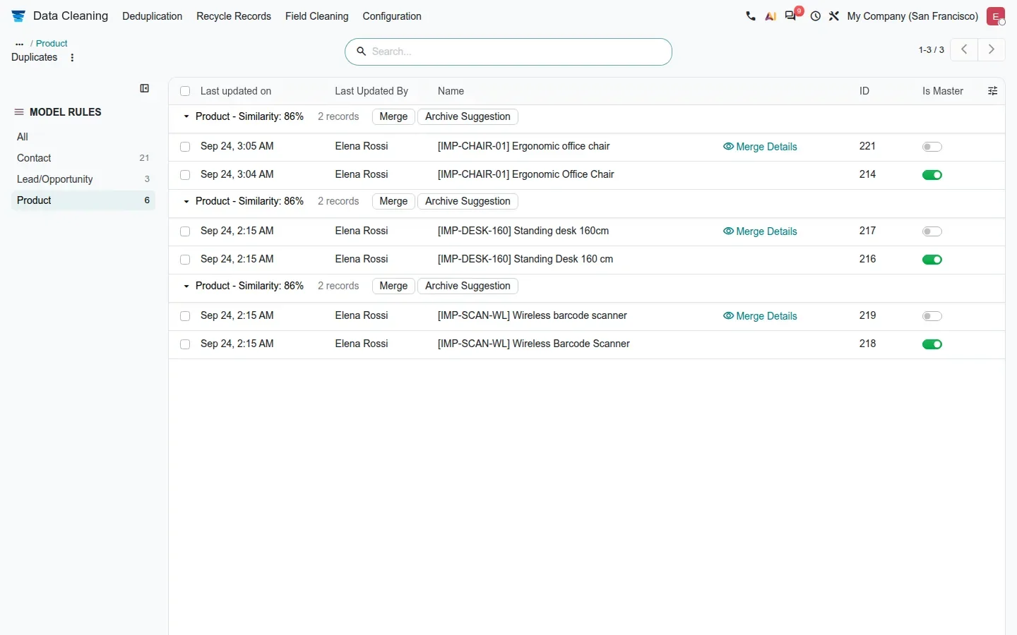 Duplicates list filtered on the Product rule, showing 3 groups ("Product - Similarity: 86%"), each with Merge and Archive Suggestion buttons and an "Is Master" toggle.