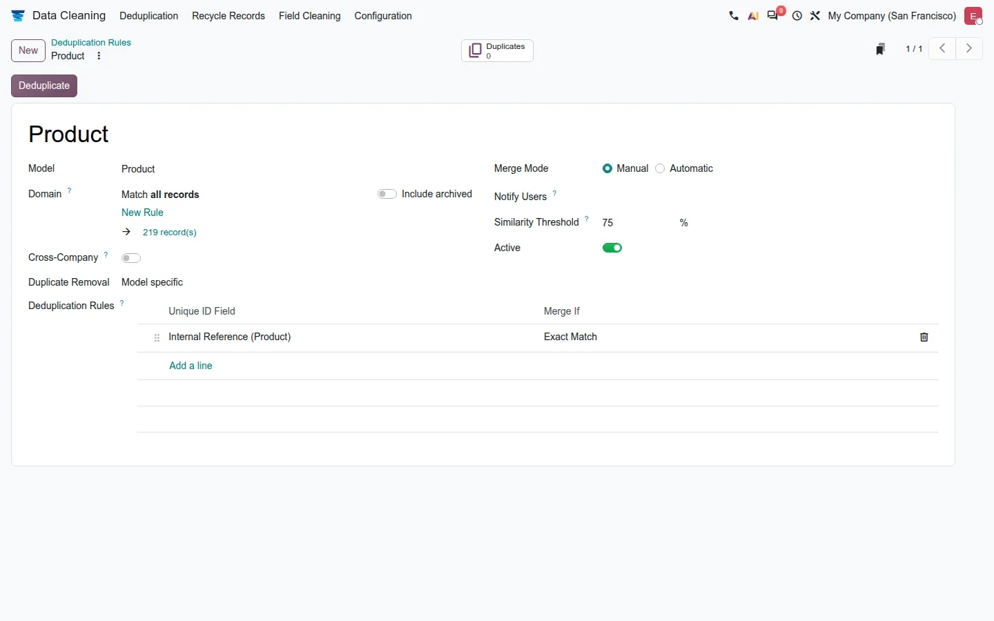 Deduplication rule form "Product" with Duplicate Removal set to Model specific and the rule Internal Reference (Product) / Exact Match.