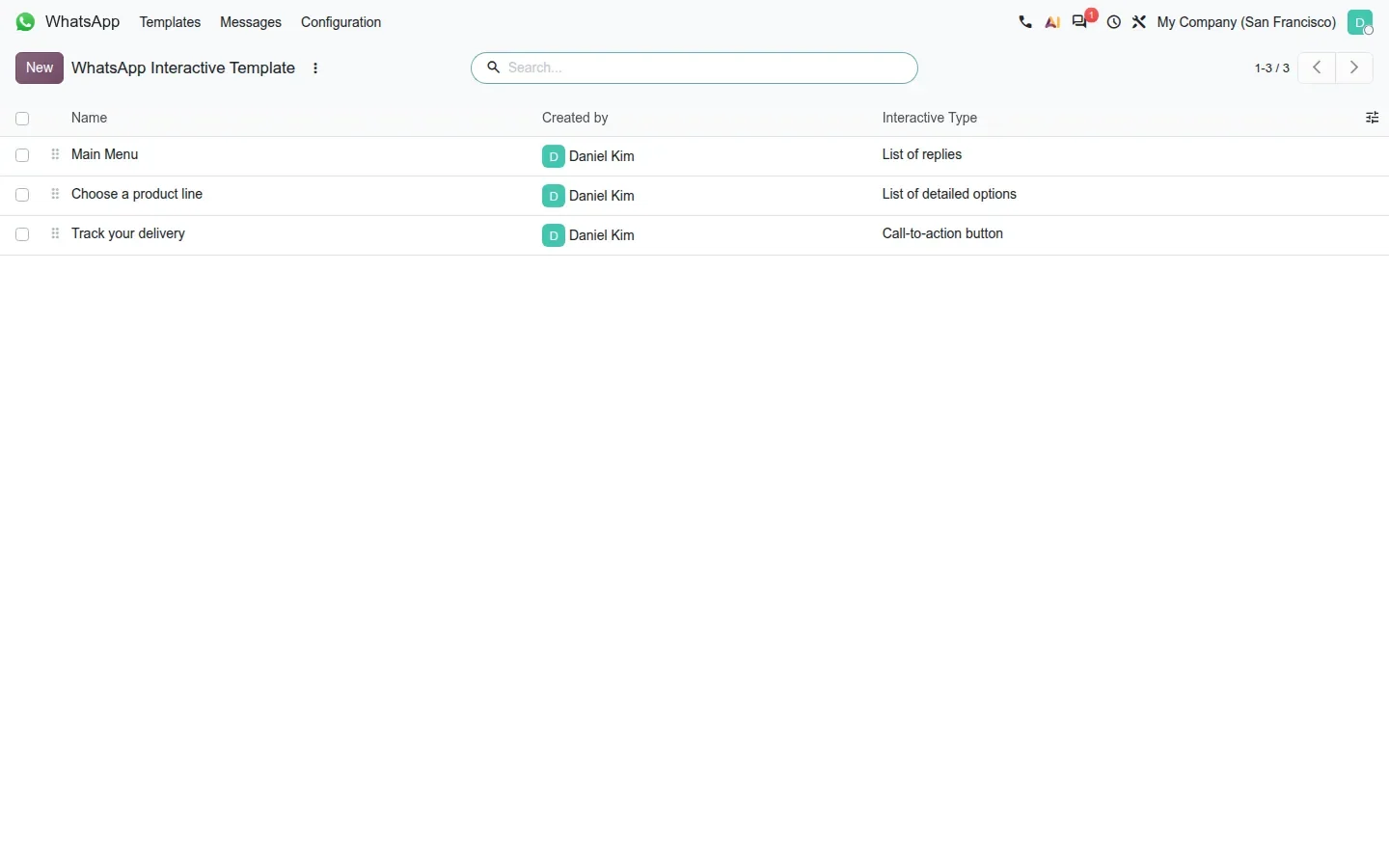 List of three interactive templates with their types