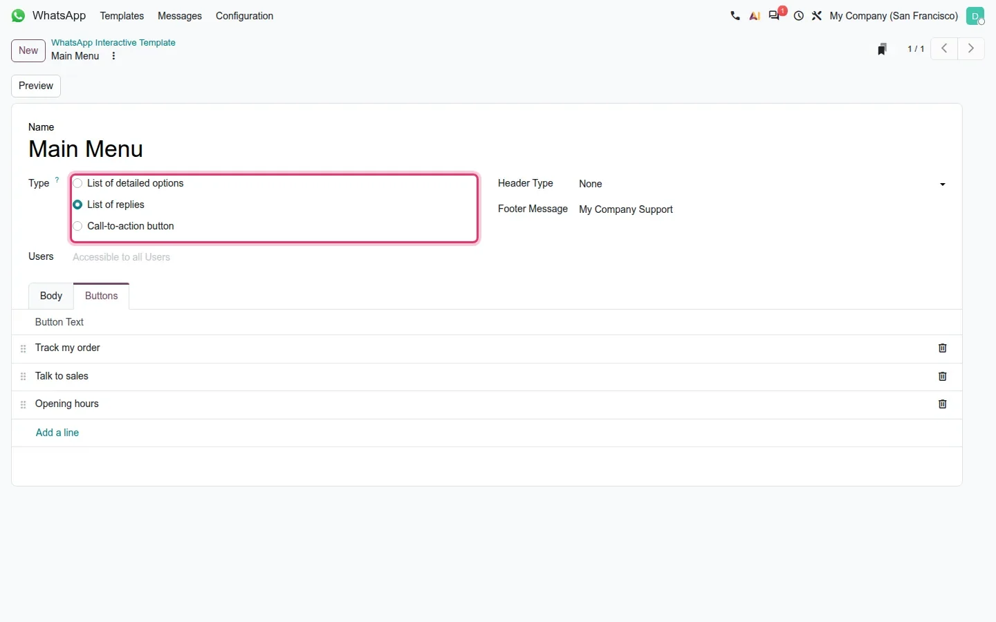 Interactive template form, type List of replies, Buttons tab with three rows