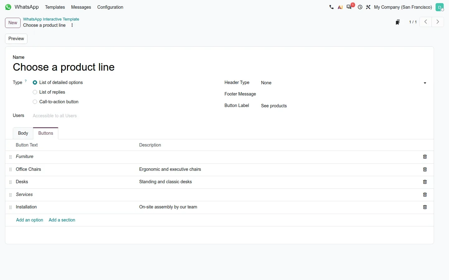 Interactive template form with sections and options and descriptions