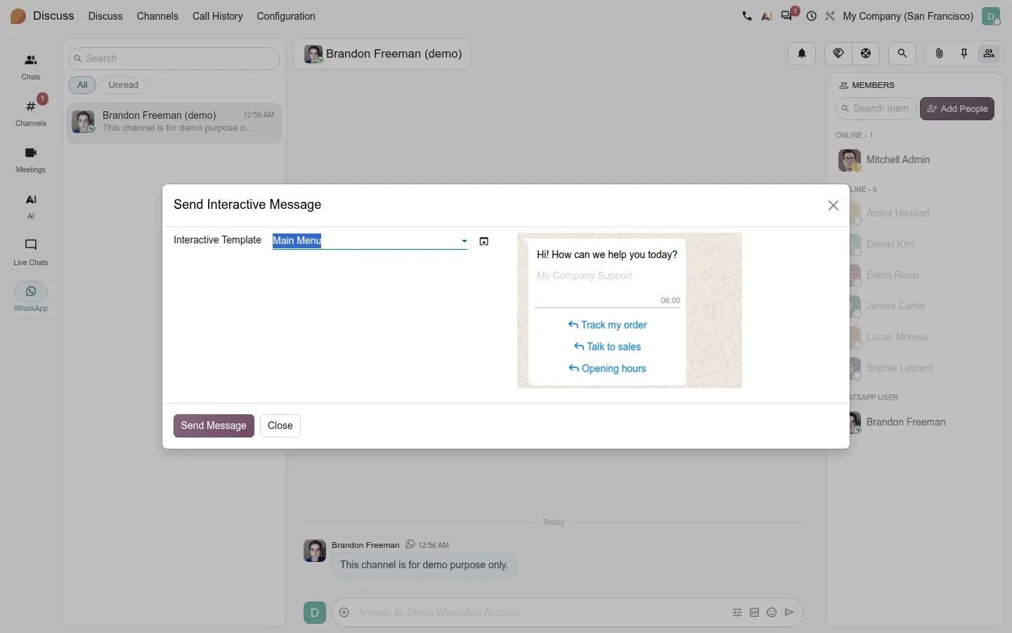 Wizard with template selector and a preview bubble with three reply buttons