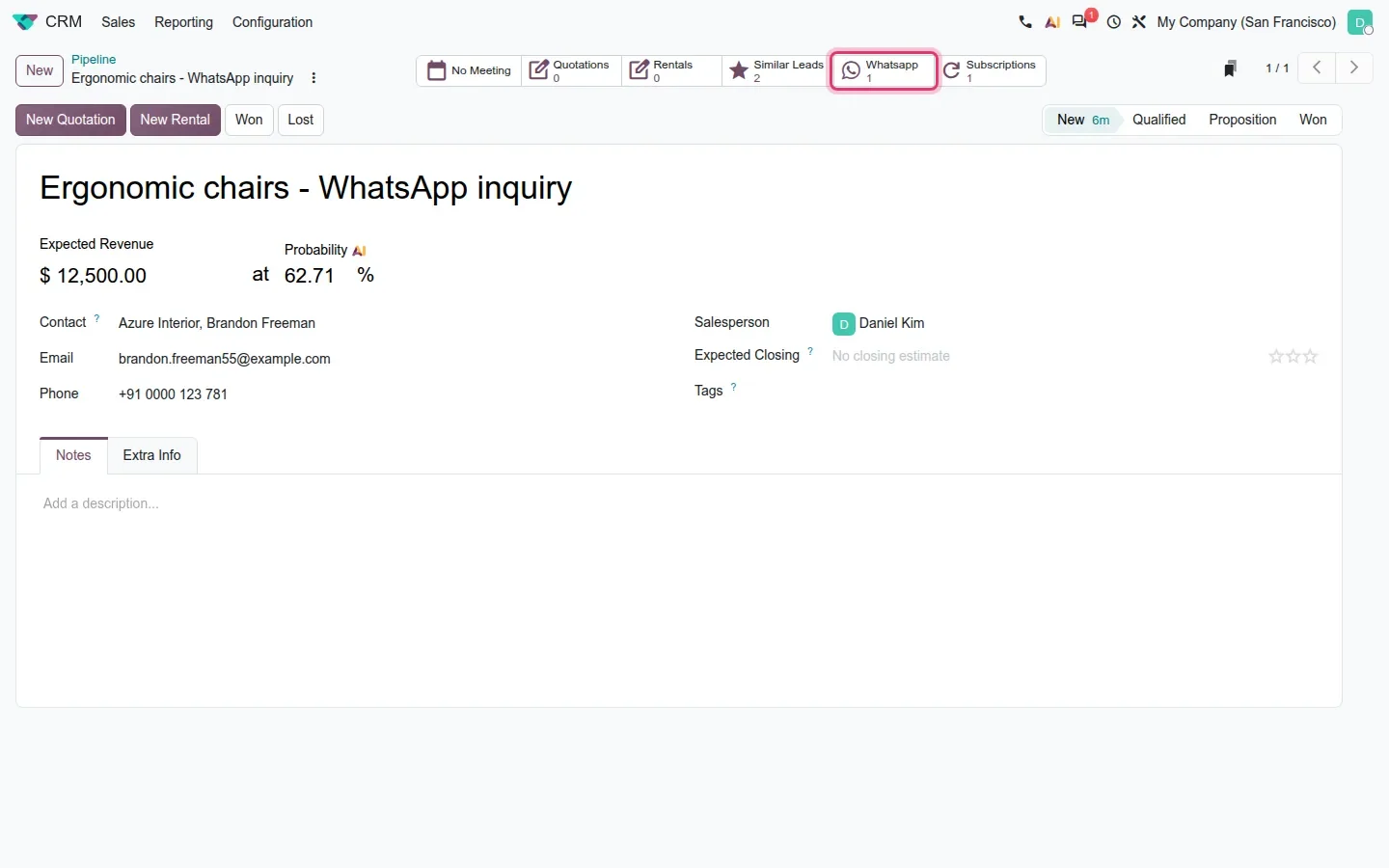 Opportunity form with a WhatsApp smart button highlighted