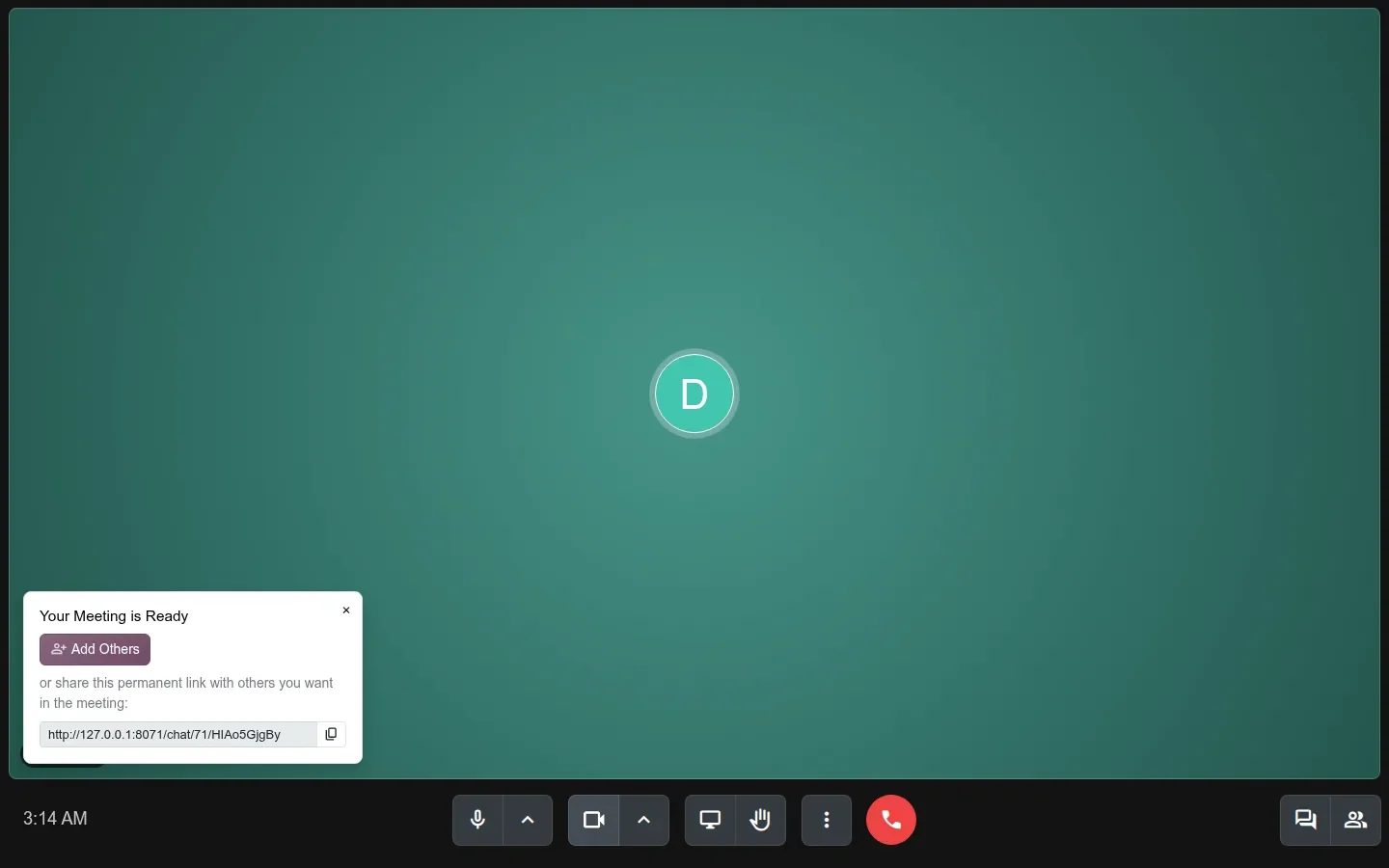Full-screen meeting with an avatar and a banner containing a share link