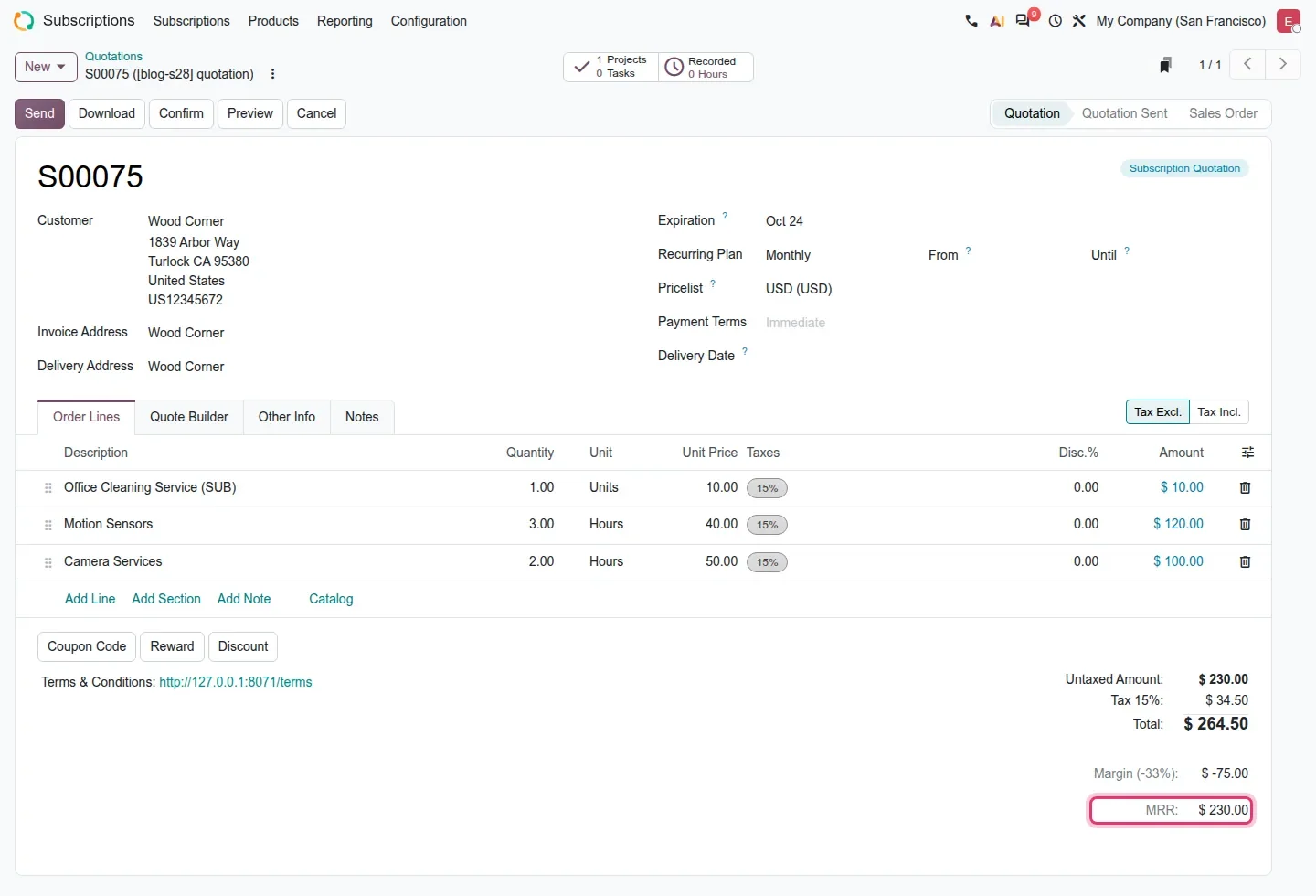 Subscription quotation S00075 in the Quotation stage, with "MRR: $ 230.00" highlighted under the totals.