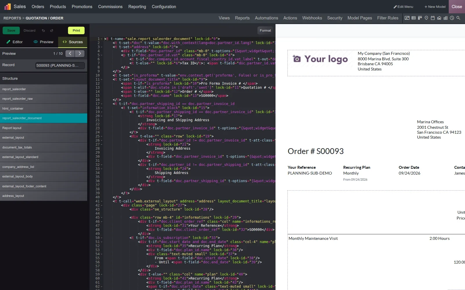 XML editor next to the report preview