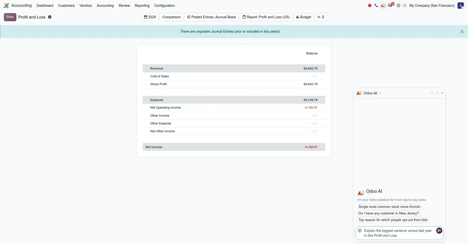 P&L with the Odoo AI chat window and a variance question