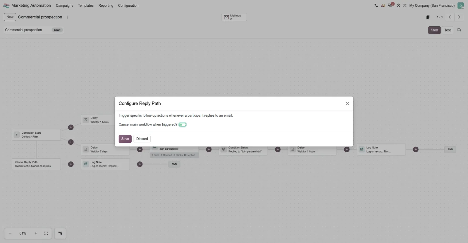 Dialog with one toggle to cancel the main workflow on reply