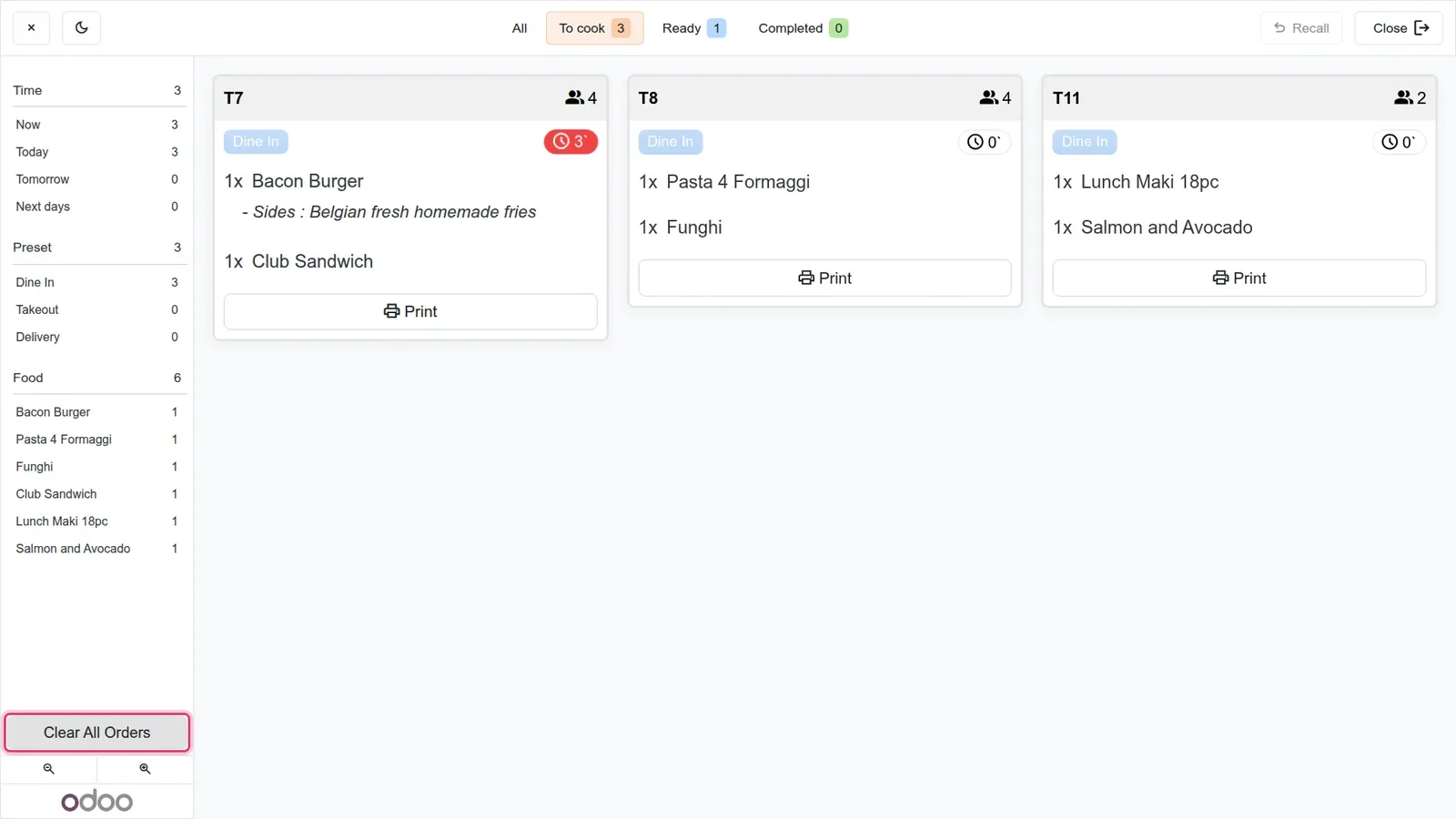 Preparation display filtered on "To cook", with the sidebar open and the Clear All Orders button highlighted.