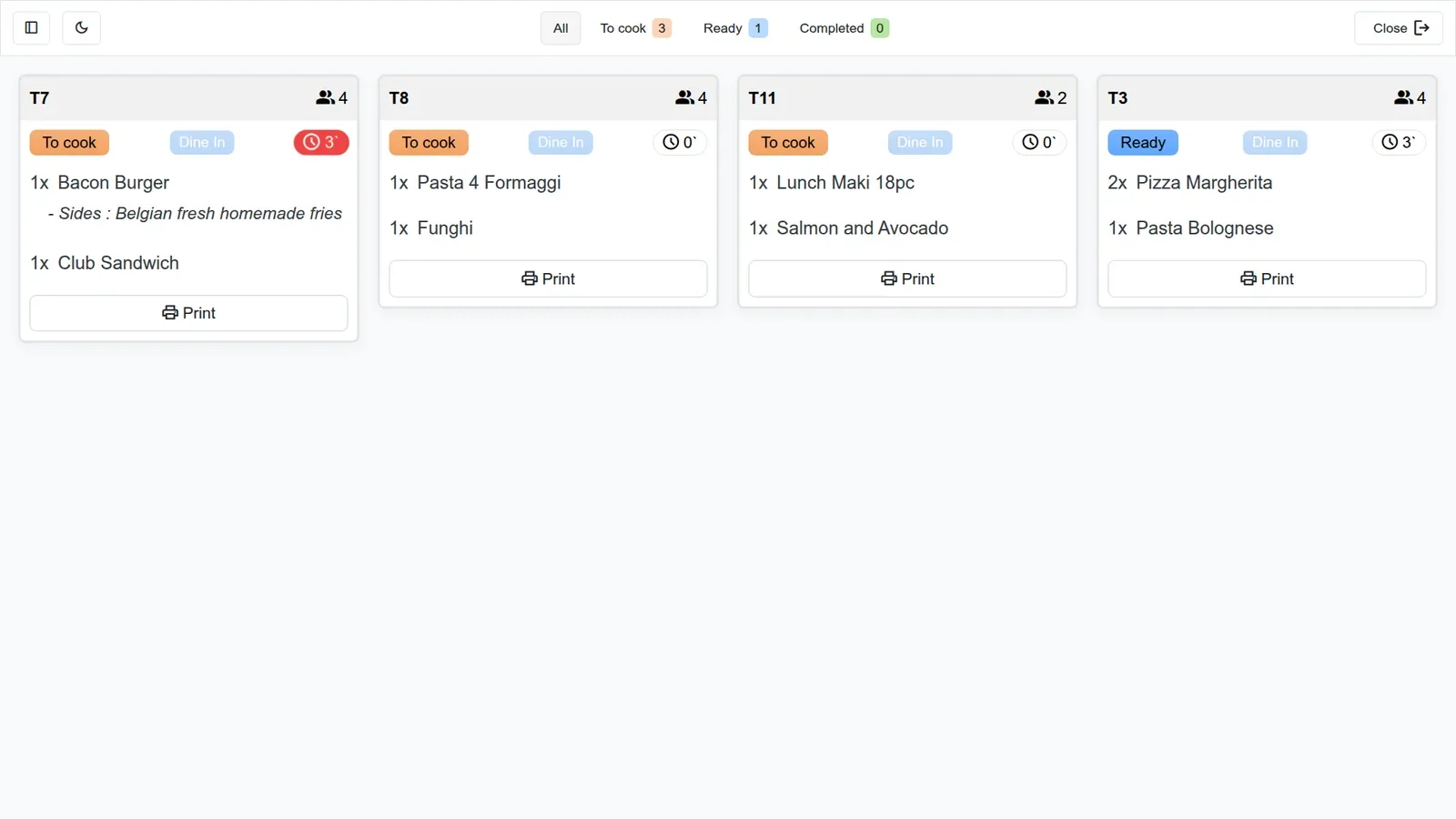 Odoo 20 kitchen display with four order cards: three "To cook" (one with a red 3-minute alert timer) and one "Ready".