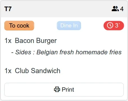 Order card for table 7 with a red timer badge showing 3 minutes.